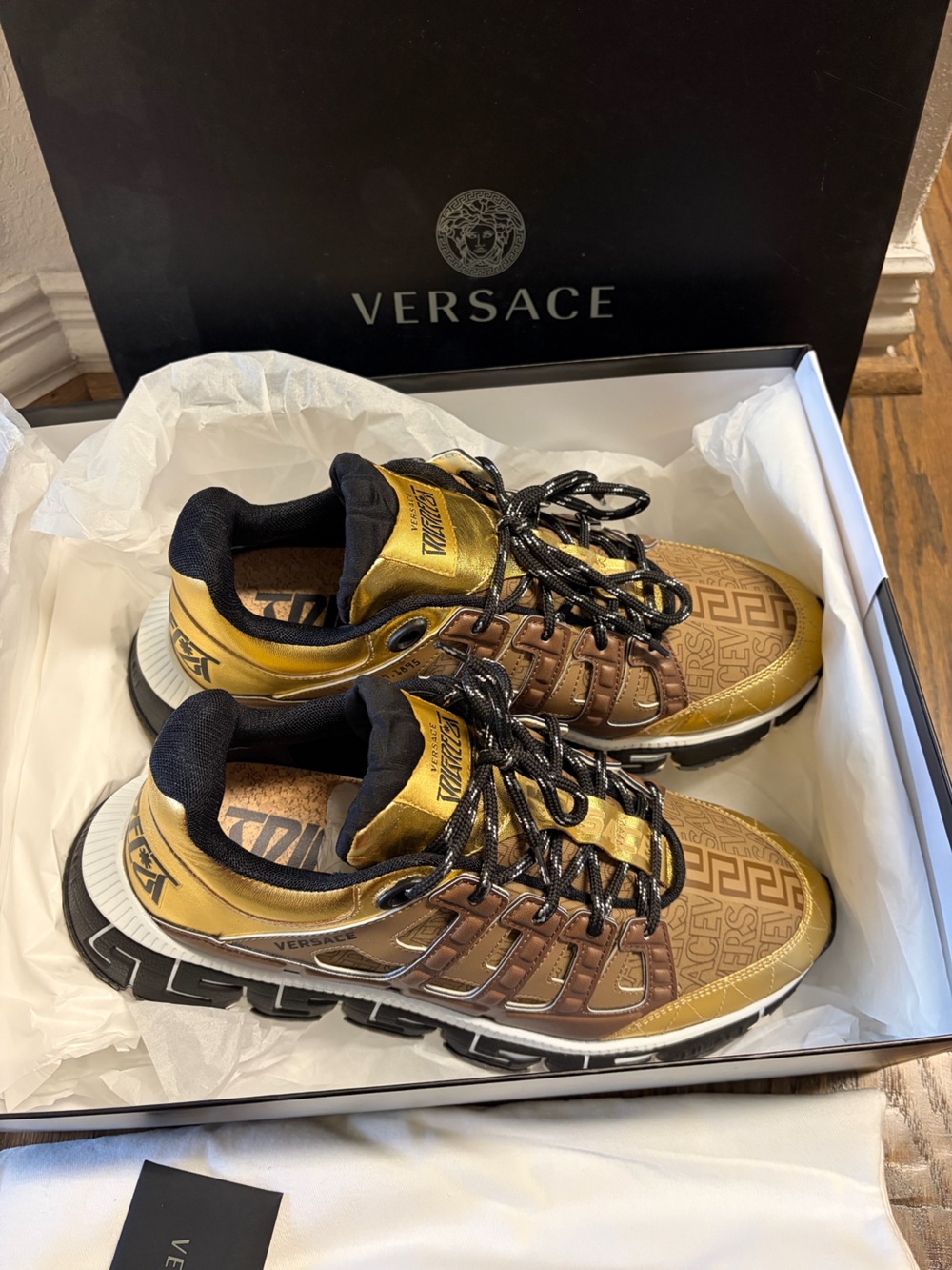 Versace Trigreca Gold Marrone Men’s Sneakers Shoes Brand New With Box Black 44